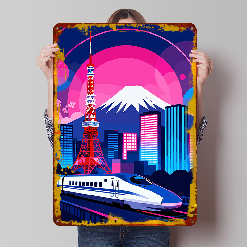 Retro Gaming Tokyo - Tokyo Stadtlandschaft mit Hochgeschwindigkeitszug Poster, personalisierte