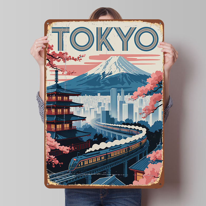 Retro Gaming Tokyo - Tokyo Reise-Poster mit Zug und Pagode,